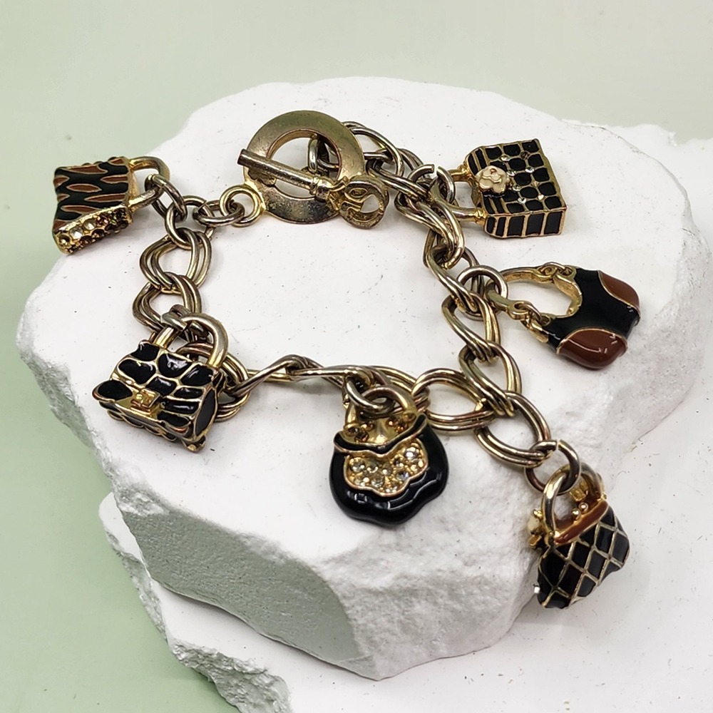 Black Brown Enamel Purse Handbag Charm Bracelet Rhinestone Mixed Metal Statement